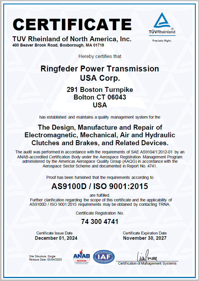 Clutch and Brake Manufacturer – AS9100D Certificate-1