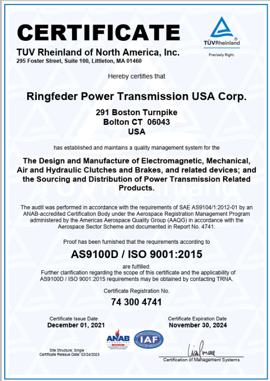 Clutch and Brake Manufacturer – AS9100D Certificate Clutch and Brake Manufacturer – AS9100D Certificate