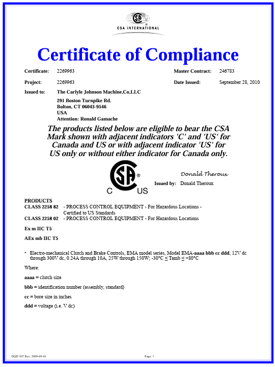 Clutch and Brake Manufacturer - CSA Certificate Clutch and Brake Manufacturer - CSA Certificate